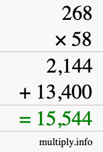 How to calculate 268 times 58 using long multiplication