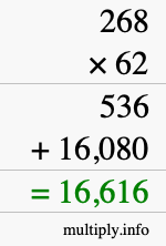 How to calculate 268 times 62 using long multiplication