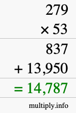 How to calculate 279 times 53 using long multiplication