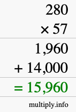 How to calculate 280 times 57 using long multiplication How to calculate 280 times 57 using long multiplication