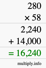 How to calculate 280 times 58 using long multiplication