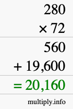 How to calculate 280 times 72 using long multiplication