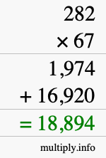 How to calculate 282 times 67 using long multiplication