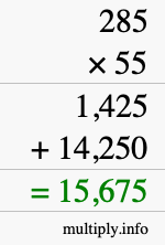 How to calculate 285 times 55 using long multiplication How to calculate 285 times 55 using long multiplication