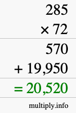 How to calculate 285 times 72 using long multiplication