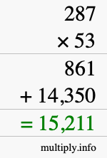 How to calculate 287 times 53 using long multiplication