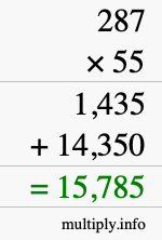 How to calculate 287 times 55 using long multiplication