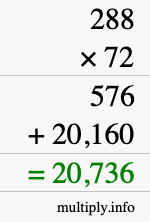 How to calculate 288 times 72 using long multiplication