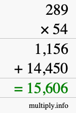 How to calculate 289 times 54 using long multiplication
