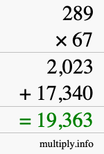 How to calculate 289 times 67 using long multiplication
