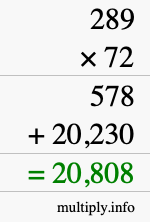 How to calculate 289 times 72 using long multiplication