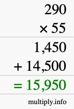 How to calculate 290 times 55 using long multiplication