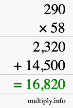How to calculate 290 times 58 using long multiplication