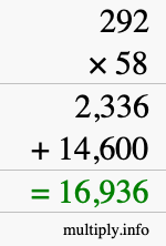 How to calculate 292 times 58 using long multiplication