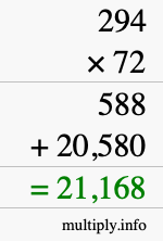 How to calculate 294 times 72 using long multiplication