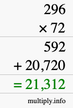 How to calculate 296 times 72 using long multiplication