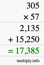 How to calculate 305 times 57 using long multiplication