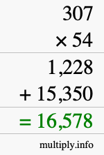 How to calculate 307 times 54 using long multiplication