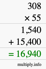 How to calculate 308 times 55 using long multiplication