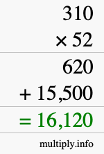 How to calculate 310 times 52 using long multiplication