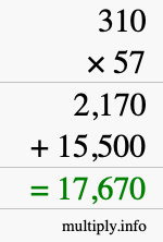 How to calculate 310 times 57 using long multiplication