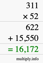 How to calculate 311 times 52 using long multiplication