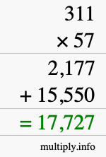 How to calculate 311 times 57 using long multiplication