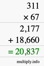 How to calculate 311 times 67 using long multiplication