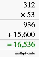 How to calculate 312 times 53 using long multiplication