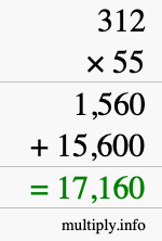 How to calculate 312 times 55 using long multiplication
