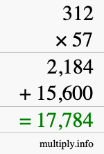 How to calculate 312 times 57 using long multiplication