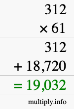 How to calculate 312 times 61 using long multiplication