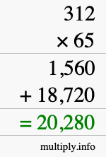 How to calculate 312 times 65 using long multiplication How to calculate 312 times 65 using long multiplication