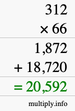 How to calculate 312 times 66 using long multiplication