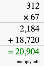 How to calculate 312 times 67 using long multiplication