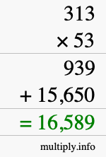 How to calculate 313 times 53 using long multiplication