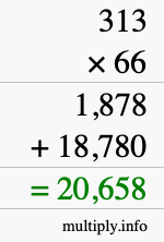 How to calculate 313 times 66 using long multiplication