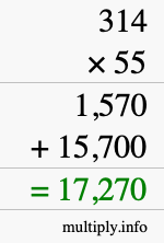How to calculate 314 times 55 using long multiplication
