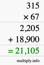 How to calculate 315 times 67 using long multiplication