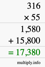 How to calculate 316 times 55 using long multiplication How to calculate 316 times 55 using long multiplication