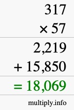 How to calculate 317 times 57 using long multiplication