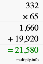 How to calculate 332 times 65 using long multiplication