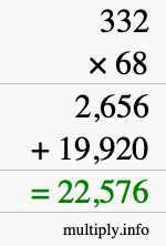 How to calculate 332 times 68 using long multiplication