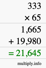 How to calculate 333 times 65 using long multiplication