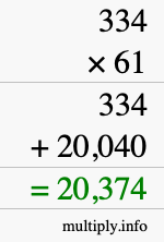 How to calculate 334 times 61 using long multiplication