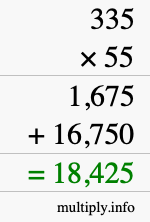 How to calculate 335 times 55 using long multiplication