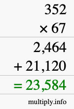 How to calculate 352 times 67 using long multiplication