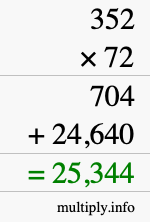 How to calculate 352 times 72 using long multiplication