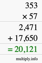 How to calculate 353 times 57 using long multiplication