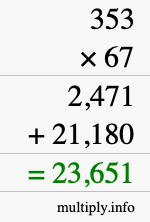 How to calculate 353 times 67 using long multiplication